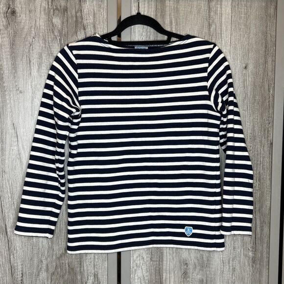 Orcival Fleece Top Sweatshirt Navy and White Stripes Nautical Long Sleeve Size 0 - Picture 1 of 6